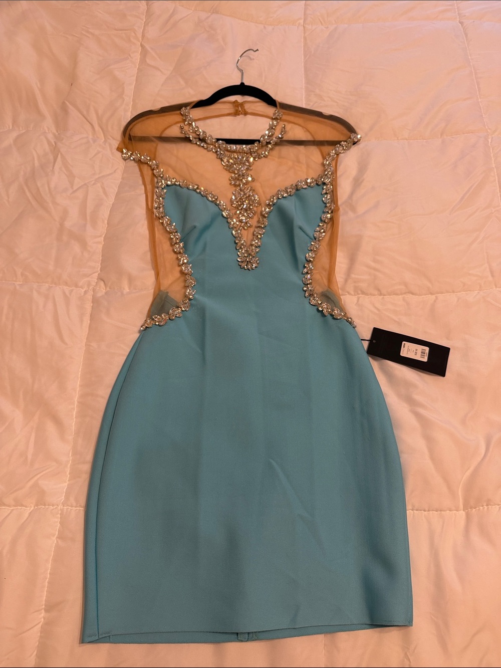 Fashion Nova Aqua Mini Dress with Jeweled Illusion Neckline